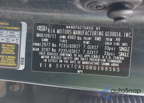 2011 Kia Sorento Lx from USA, damaged, VIN 5XYKTCA10BG168565